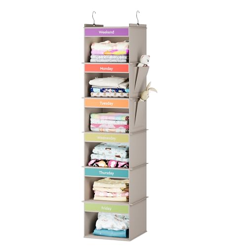 YOUDENOVA 6-Shelf Weekly Hanging Closet Organizer, Weekly Clothes Organizers for Kids with 2 Side Pockets, Light Grey - color: Light Grey