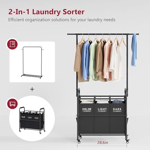 Tajsoon Laundry Sorter Cart with Hanging Rack, Laundry Sorter 3 Section, Laundry Hamper with Heavy Duty Rolling Lockable Wheels, Black - color: Black, size: 3 bag