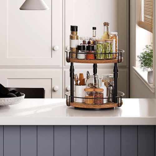 HOOBRO Lazy Susan Organizer Spice Rack, 2-Tier Height Adjustable Rotating Spice Organizer, for Kitchen Countertop and Cabinet, Rustic Brown BF05TL01 - color: Rustic Brown + Black