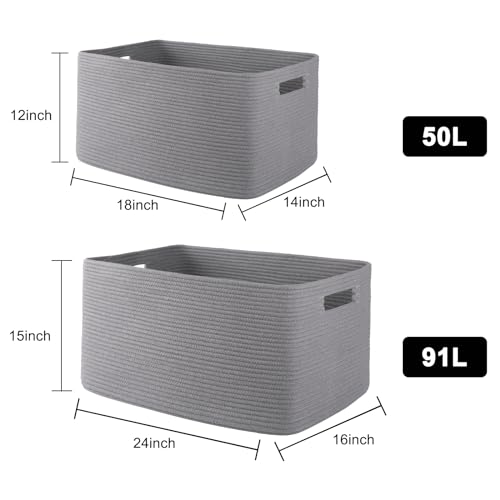 OIAHOMY XXLarge Rectangle Blanket Basket-96L, Cotton Woven Basket for Storage, Dirty Clothes Basket for Living Room, Nursery, Bedroom, Toy Organizing with Handle, 24" x 16" x 15", Grey - color: Grey, size: 24”x16”x15”