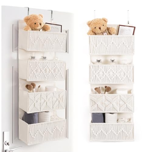 ANTIS'S HOME Nursery Over The Door Organizer Boho Decor Nursery Storage with 4 Large Woven Pockets, Macrame Nursery Organizers and Toys Storage, Behind Door for Bathroom, Bedroom - size: Beige-4 Pockets