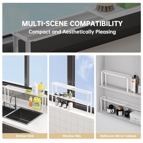 Expandable Window Shelf for Plants Kitchen Sink Organizer Stackable Narrow Shelves Kitchen Countertop Holder Mesh Design (1, White)
