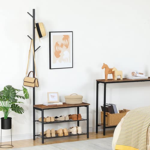 HOOBRO Coat Rack Shoe Bench, 3-Tier Shoe Rack, Industrial Shoe Organizer Storage Bench, Entry Bench with Mesh Shelves, for Entryway, Living Room, Hallway, Easy Assembly, Rustic Brown BF12HX01