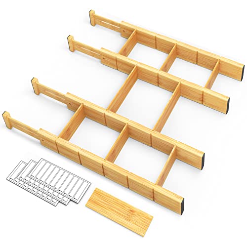 SpaceAid Bamboo Drawer Dividers with Inserts and Labels, Kitchen Adjustable Drawer Organizers, Expandable Organization for Home, Office, Dressers, 4 Dividers with 9 Inserts (17"-22" Natural) - color: NATURAL, size: 2.35''H, 17''-22''L, 4 Dividers