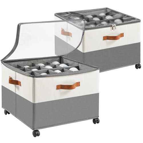 INSTY 2 Pack Shoe Organizer for Closet,Shoe Storage Organizer with Wheels, Fits up to 32 Pairs,Adjustable Dividers,Fabric Shoe Storage Bins with Clear Cover,Beige and Grey - color: Beige and Grey with wheels
