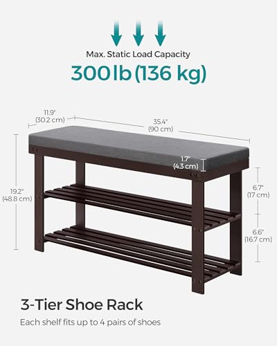 SONGMICS Bamboo Shoe Bench, 3-Tier Shoe Rack Organizer for Entryway, Living Room, Bench Seat Holds Up to 300 lb, 11.9 x 35.4 x 19.2 Inches, Rustic Walnut and Slate Gray ULBS904B32 - color: Rustic Walnut + Slate Gray, size: 35.4"W