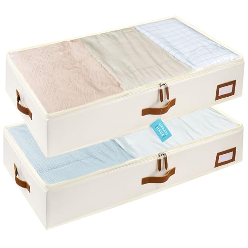 OrganiHaus Under Bed Storage Containers, Bedroom Storage and Organization Bins, Clothes Organizer for Closet with Clear Cover and Reinforced Handles - Set of 2 33x17x6 inches Off-White - color: Off-White