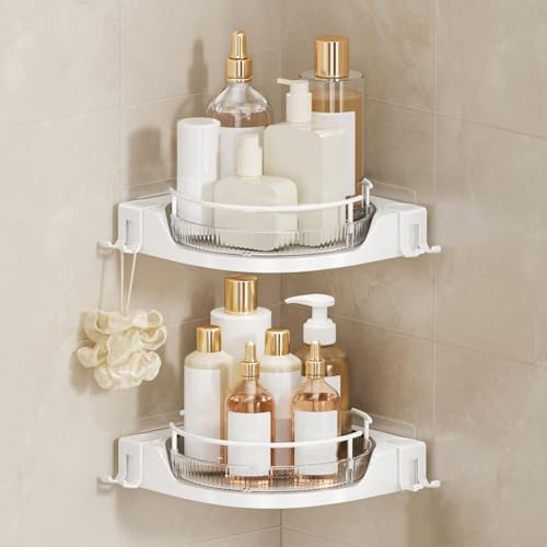 360°Rotating Corner Shower Caddy(2-Pack), No-Drill Adhesive Shower Shelf Organizer with Hooks, Lazy Susan Bathroom Storage for Bathtub, Shower Corner & Kitchen Sink, Space Saving Bathroom Organizer - color: Cream White