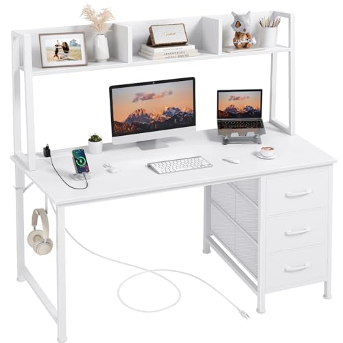 DLisiting White Computer Desk with Hutch & Drawers - 47 Inch Modern Study Writing Office Desk with 3 Storage Drawers and Power Outlets for Bedroom Home Office - color: White