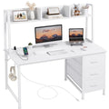 DLisiting White Computer Desk with Hutch & Drawers - 47 Inch Modern Study Writing Office Desk with 3 Storage Drawers and Power Outlets for Bedroom Home Office - color: White