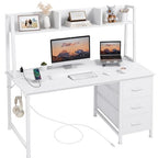 DLisiting White Computer Desk with Hutch & Drawers - 47 Inch Modern Study Writing Office Desk with 3 Storage Drawers and Power Outlets for Bedroom Home Office - color: White