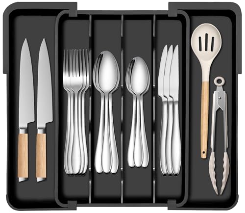 Spaclear Kitchen Silverware Organizer for Drawer - Expandable Silverware Drawer Organizer Adjustable Utensil Drawer Holder, Flatware Cutlery Tray for Spoons Forks Kitchen Organizers Storage,Black, S - color: Black, size: S(9.5-15.2"W x 12.6"D)