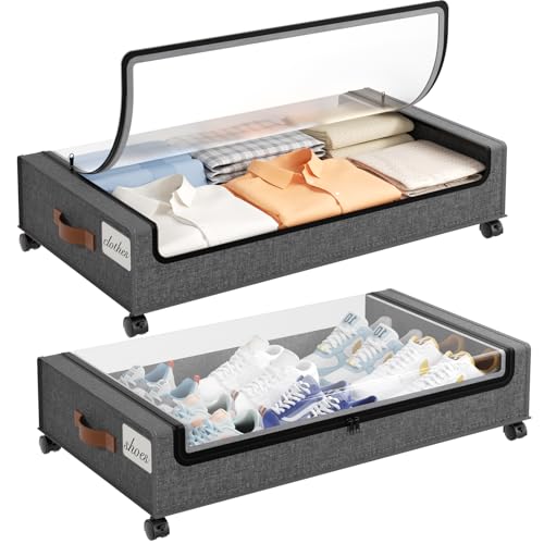 Yecaye Under Bed Storage with Wheels, 2 Pack Under the Bed Storage Containers with Lids & Label, XXL 60L Rolling Underbed Storage Drawers for Clothes, Blankets, Shoes, Hemp Gray - color: Hemp Gray, size: 2 Pack