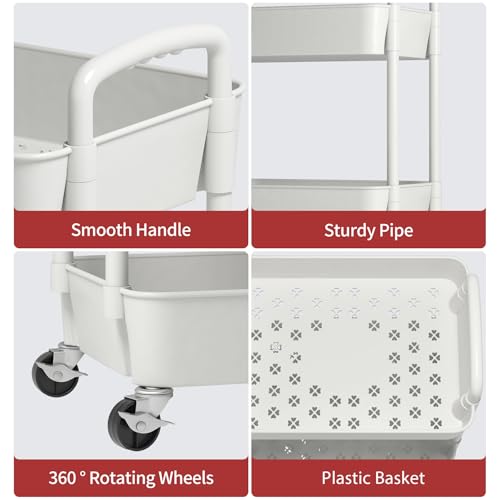 Sywhitta 4-Tier Plastic Rolling Utility Cart with Handle, Multi-Functional Storage Trolley for Office, Living Room, Kitchen, Movable Storage Organizer with Wheels, White - color: White, size: 4-tier