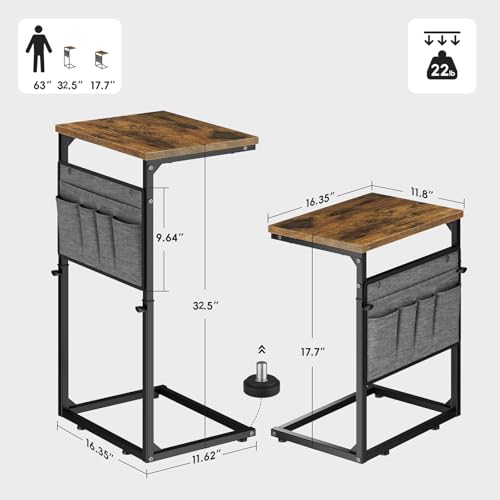 Vagusicc C Shaped End Table, Set of 2 Tall Side Table for Couch, Adjustable Height Small Couch Side Table for Small Spaces, End Table Slide Under Sofa Table TV Tray Arm Table for Living Room, Brown - color: Rustic Brown 2pc