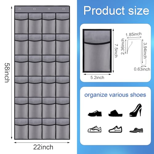 Over the Door Shoe Organizer, 24 Large Breathable Mesh Pockets, Hanging Storage Holder, Hanging Shoe Organizer(Grey) - color: grey