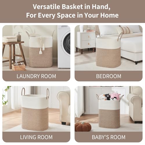 AINUOQI Laundry Basket with Handles - Blanket Basket & Hampers for Bedroom Aesthetic, Laundry Hamper & Blanket Storage for Living Room, Clothes Hamper, Tall, Large 17" x 14" x 26”, White & Rice Brown - color: White & Rice Brown, size: 85L