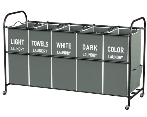 5-Section Laundry Sorter Cart, Large Laundry Hamper with Lockable Rolling Wheels, Versatile Storage Organizer with Removable Bags for Dirty Clothes, Gray - color: Gray