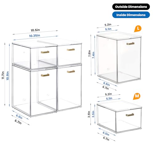 LALOBLUE Clear Stackable Drawer Organizer, 4 Pack Acrylic Storage Drawers with Pull-Out Design, Space-Saving Organizer for Bathroom, Vanity, Kitchen & Office - style: 2 small and 2 big
