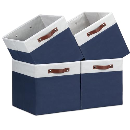 Temary Cube Storage Bins 4Pack Foldable Cube Baskets for Clothes Shelf Storage Basket with Handles, Storage Box Fabric Storage Organizer Bins for Home (White&Blue, 13x15x13 Inch) - color: White&Blue, size: 13x15x13