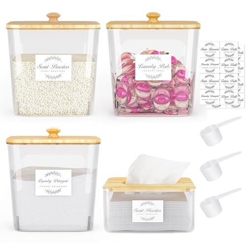 Vincona Laundry Room Organization and Storage, Laundry Pods Container and Dryer Sheet Holder with Bamboo Lids and Labels, Laundry Organizer with Scoops for Booster Beads, Powder, Pods, 3+1 Pack - size: 3+1 Pack