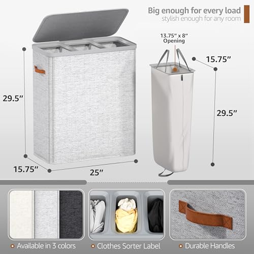 Sorbus Laundry Hamper with Lid - Collapsible 3-Compartment Fabric Laundry Basket with Handles and Removable Laundry Bag – 50 Gallon (190 L) Dirty Clothes Hamper for Bedroom, bathroom and dorm (Gray) - color: Gray, size: 3 Compartment