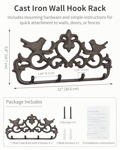 Vintage Cast Iron Wall Mounted Coat Rack with 4 Hooks - Rustic Wall Hook Rack, Farmhouse Key Holder, Heavy Duty Towel Hanger, Decorative Bird & Heart Design, Antique Black-Brown