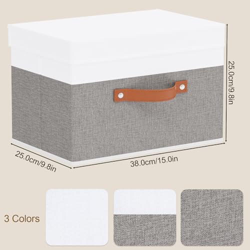5 Pack Storage Bins with Lids, Linen Foldable Collapsible Boxes, 15 x 9.8 x 9.8 Inch Storage Baskets with Handles for Shelves, White and Grey - color: White/Grey, size: 15x9.8x9.8in(5-Pack)