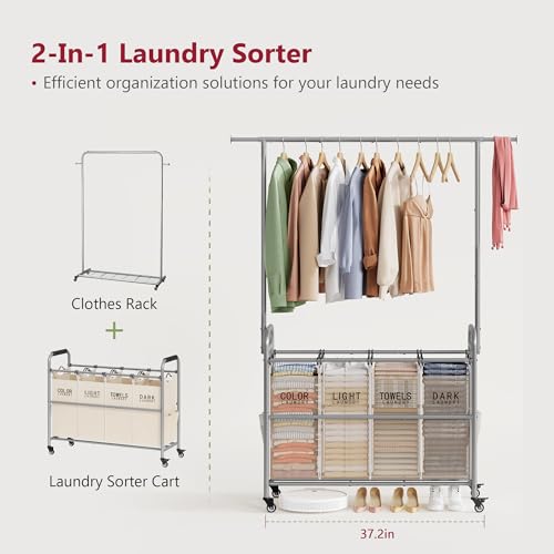 Tajsoon Laundry Hamper with Hanging Rack, Laundry Sorter 4 Sections, 4 Basket Butler with Lockable Wheels and Removable Bag, Rolling Laundry Cart for Bedroom, Beige - color: Beige, size: 4 bag