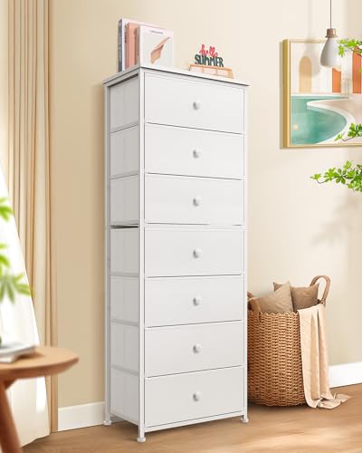 Mifuro Tall Fabric Dresser for Bedroom, Vertical Storage Organizer Tower with 7 Drawers, Chest of Drawers with Bins, Steel Frame, Wood Top for Bedroom, Closet, Entryway White - color: White, size: 7 Large Drawers