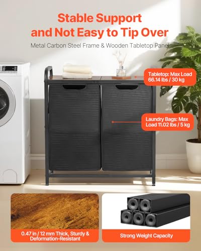 VEVOR 2 Section Laundry Sorter, Large Laundry Hamper with Metal Frame and Wooden Tabletop, Freestanding Storage Organizer Baskets with Pull-Out 600D Oxford Cloth Bags for Dirty Clothes, Bathroom - style: 2 Section