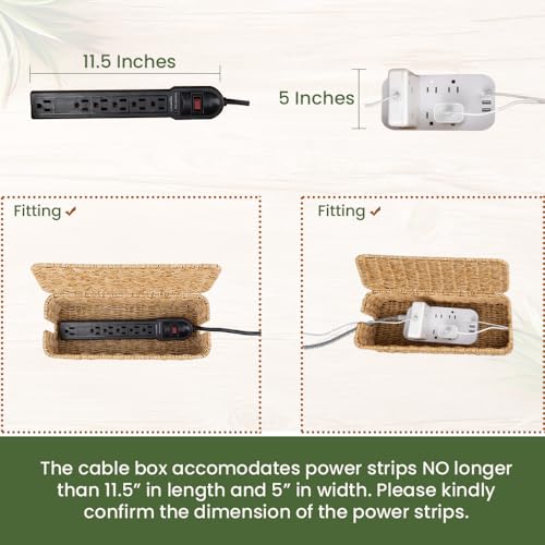 Cable Management Box, Handmade Rattan Cable Organizer with 2 Open Slots, Cord Hider for Power Strip, Router & USB Hub, Registered U.S. Design Patent (D1,112,102), 13" x 5.1" x 5.1", Natural - color: Natural, style: Rectangle
