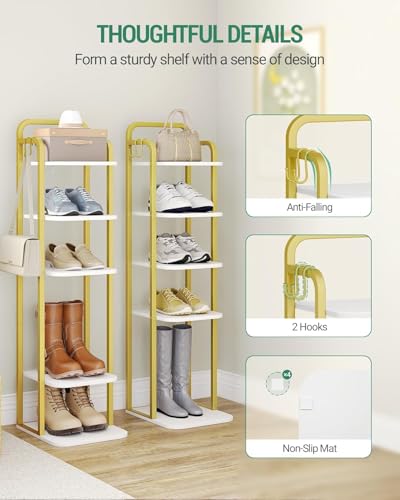 Hzuaneri 6 Tiers Vertical Shoe Rack, Narrow Shoe Tower, Tall Shoes Shelf with 2 Hooks, Adjustable Shelves, Corner Shoes Shelves for Small Spaces, Entryway, Living Room, White Gold SR04213A - color: White Gold, size: 6 Tier(11.8"D x 10.4"W x 39.8"H)