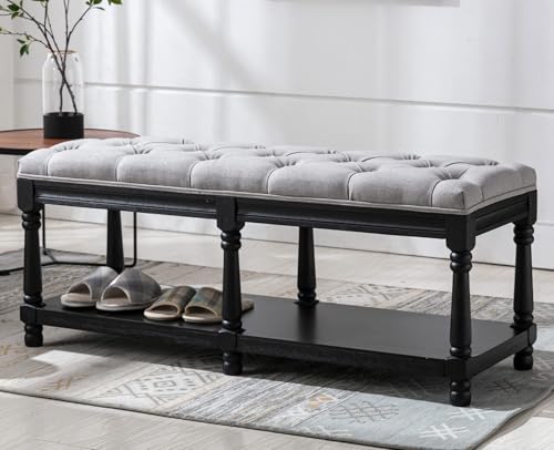 Kmax Storage Entryway Bench Tufted Shoe Rack Bench Black Wood Window Bench for Hallway Entrance Bedroom Corner, Grey - color: Gray- Black Wood, size: Storage- 2 Seats