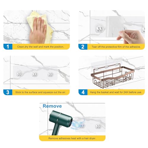 Youvip Adhesive Shower Caddy, No Drilling Bath Organizers 5 Pack, Rustproof Shelves with Soap Holder & Toothbrush Holder, Bathroom Organizers and Storage, Bronze - color: Bronze