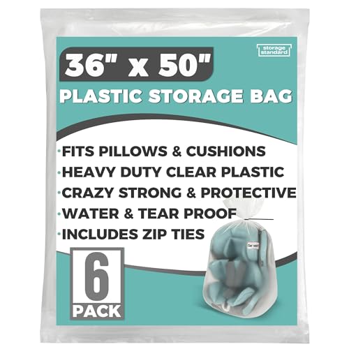 Storage Standard Large Clear Plastic Bags for Storage 6-Pack - Waterproof Extra Large Plastic Bags with Zip Ties, Heavy-Duty Cover for Pillows, Comforters, Chair Cushions & Textiles - 36 x 50 Inches - size: 36'' x 50’'