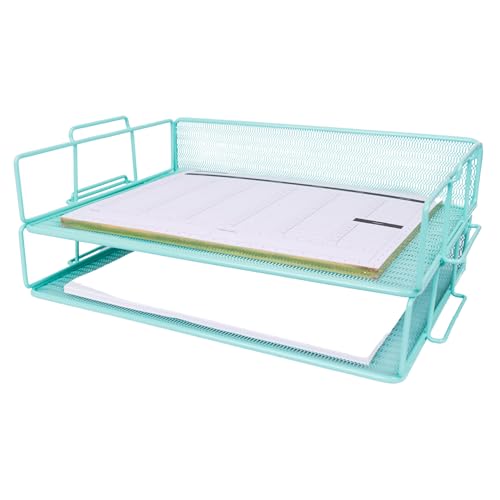 BLU MONACO Aqua Mesh Paper Tray Set of 2 | Stackable Letter Trays for Desk Storage | Metal Document Holder and File Organizer for Home, Office and School | 13” x 9.8” x 5.6” Workspace Organizer - color: Aqua
