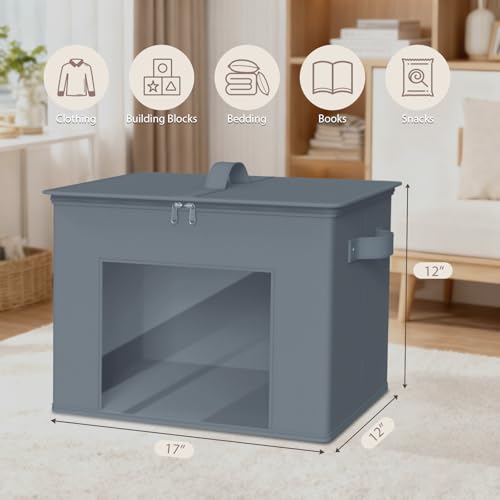 Zilink Fabric Foldable Storage Boxes with Lid 4-Pack Stackable Storage Bins with Zipper & Clear Window Fabric Closet Containers and Organizers for Home, Office, Bedroom (Grey,17" x 12" x 12") - color: Grey