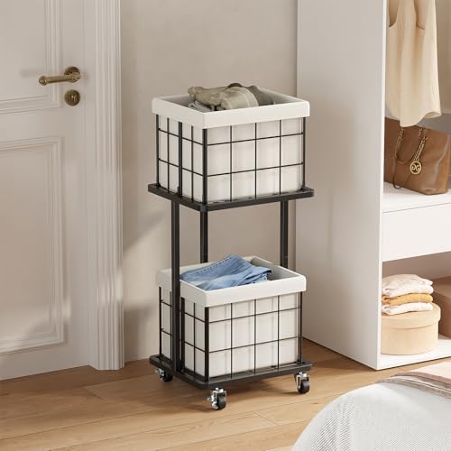 80L Vertical Rolling Laundry Hamper with Removable Bags, 2 Section Laundry Basket with Wheels, Slim Tall 2 Tier Laundry Sorter for Small Spaces, Dorm, Bathroom, Laundry Room, Closet, White - color: White, size: 2 Tier