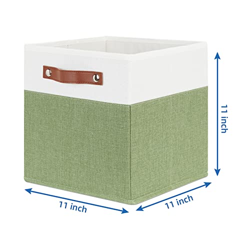 Temary Fabric Storage Bin 11x11 Cube Storage Bins for Home, 4 Pack Fabric Organizer Bins Cube Organizer Bins with Leather Handles Decorative Storage Bins for Shelf (White&Green) - color: White&Green, size: 11×11×11