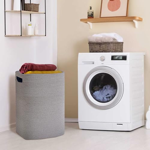 MEGASKET Large Laundry Hamper 16"x13"x22" - Tall Woven Laundry Basket, Cotton Rope Dirty Clothes Hamper, Baby Kids Nursery Wicker Laundry Basket, Bedroom Aesthetic, Soft Laundry Bin, Gray Hamper, 75L - color: Gray