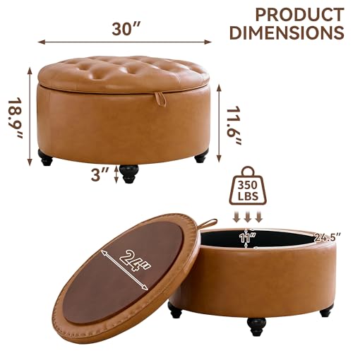 WUTUTUEE 30Inch Round Storage Ottoman with Tray, Modern Tufted Leather Circle Coffee Table with Storage, Upholstered Ottoman with Removable Top for Living Room, Bedroom, Leather Brown - color: Leather Brown, size: 30 Inch