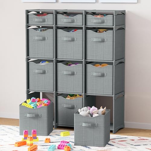 Cube Storage Organizer with Storage Bins Included - The Perfect Closet Organizers and Storage Solution. Includes 12 Storage Cubes, Great For Toy Storage, Closet Storage, Clothes Storage (Grey) - color: Grey, size: 12 Storage Cubes