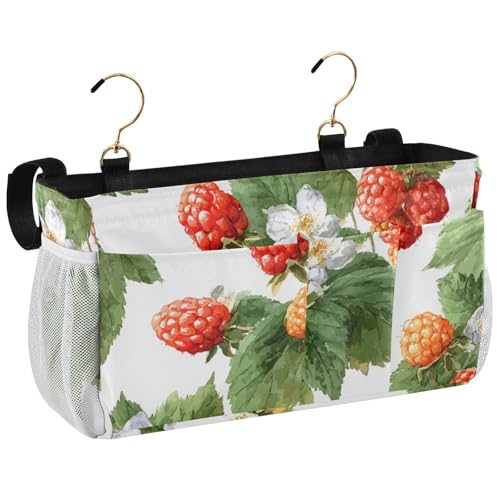 Bedside Caddy Metal Frame Hanging Organizer Bunk Bed Dorm Accessories Hook And Loop Storage Bag Large Pockets Cute Red Orange Raspberry Leaves - color: Cute Red Orange Raspberry Leaves