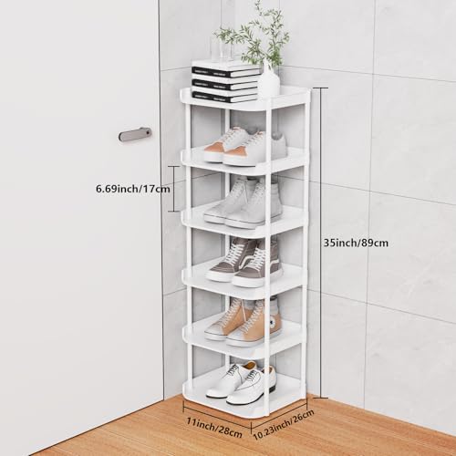 6 Tier Narrow Shoe Storage Rack, Compact Single Shoerack Stand for Slim Space, Stackable Tall Thin Show Tower, Solid Plastic Shelves, for Hallways, Kitchens, Bedrooms Tidy Organizer, White - color: White, size: 6 tier