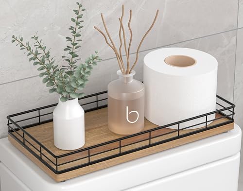 Toilet Paper Basket Organizer – Acacia Wood Toilet Tank Tray with Metal Frame, Bathroom Counter Top Storage for Toilet Paper, Wipes & Decor, Modern Narrow Back of Tank Shelf Organizer, Black & Acacia - color: Black & Acacia, size: 13" x 6.5" x 2"