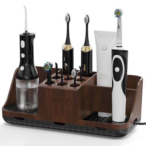 Boperzi Bathroom Counter Organizer for Vanity & Sink Storage: Detachable Electric Toothbrush and Toothpaste Holder, Water Flosser Holder, Bathroom Decor and Accessories Organization Set(Walnut Black) - color: Walnut/Black