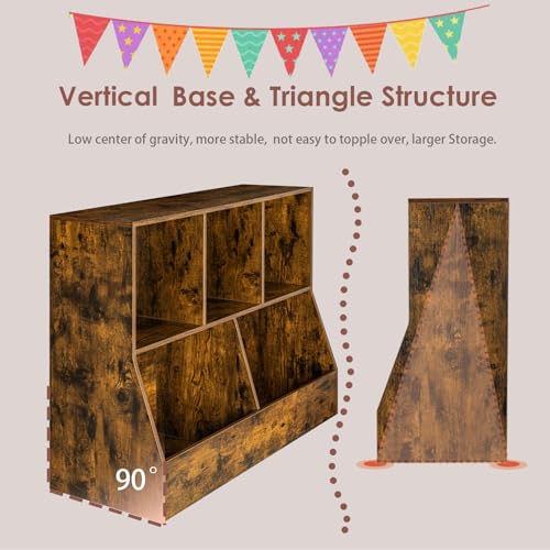 DINZI LVJ Toy Storage Organizer, Kids Bookshelf, Wood Toy Storage Cabinet, 5 Cubby Children Bookcase, 43.3" L Toddler Book Shelf for Playroom, Living Room, Nursery, Hallway, School, Rustic Brown - color: Rustic Brown, size: 2-Tier 43.3"