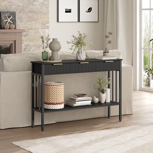 MAHANCRIS Console Table for Entryway, Entryway Table with Storage and Drawers, Narrow Long Sofa Table for Living Room, Hallway, Behind Couch, Corridor, Black and Gold CTHB5201 - size: 11.8"D x 47.3"W x 32.3"H