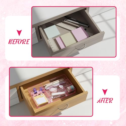 Briwooody Translucent Pink Acrylic Desk Drawer Organizer 11 x 6.1 x 1.38 Inch Storage Tray Organizer for Pens, Stationery, Desktop, Office, Bathroom, Kitchen, Makeup Supplies (6 Compartments) - color: Translucent Pink, size: 11 x 6.1 x 1.38 Inch, style: 6